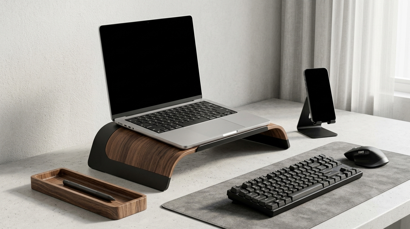 Tech Hub Store premium grey felt desk pad layout with a minimalist mechanical keyboard and office mouse.
