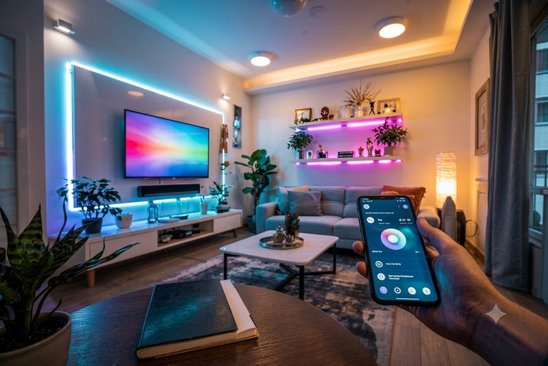 Modern ambient lighting setup in a bedroom showing warm, intelligent smart lighting.