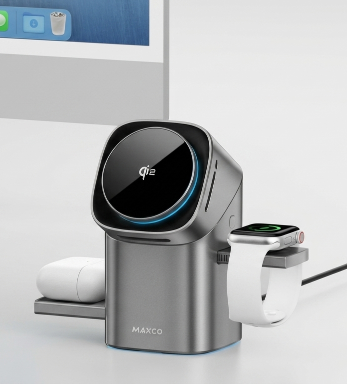 FlexiMag Trio folding 3-in-1 magnetic wireless charger on a dark oak desk